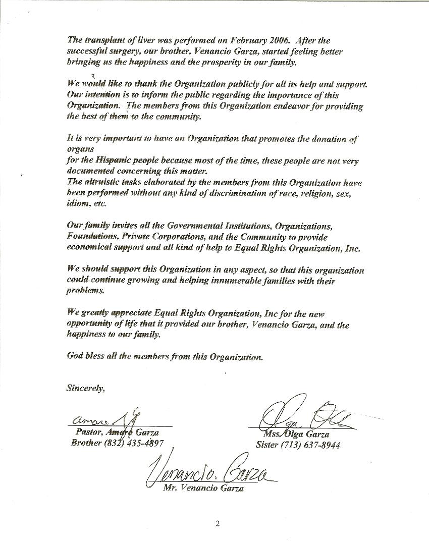 LETTER TESTIMONY VENANCIO